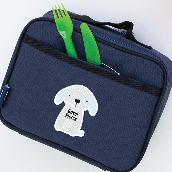Puppy Die Cut Name Label on Lunch Bag