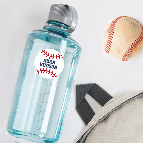 Baseball Die Cut Name Label on Reusable Water Bottle