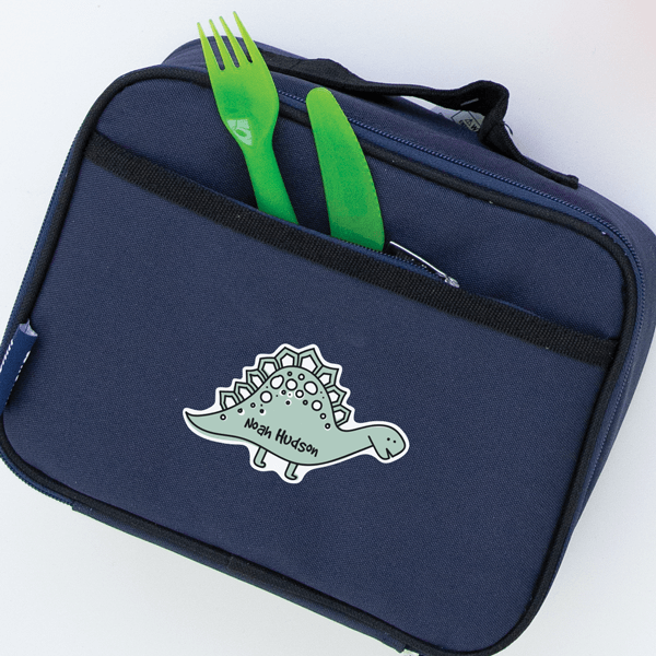 Stegosaurus Die Cut Name Label On Lunch Bag