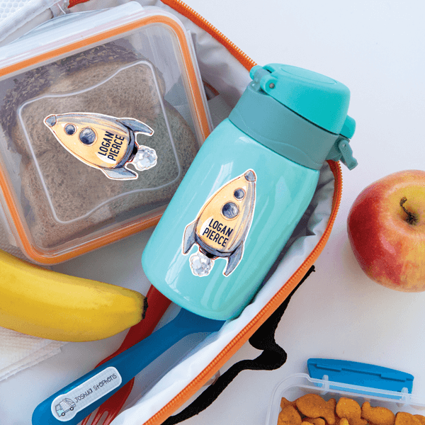 Watercolor Rocket Die Cut Name Label on Snack Containers