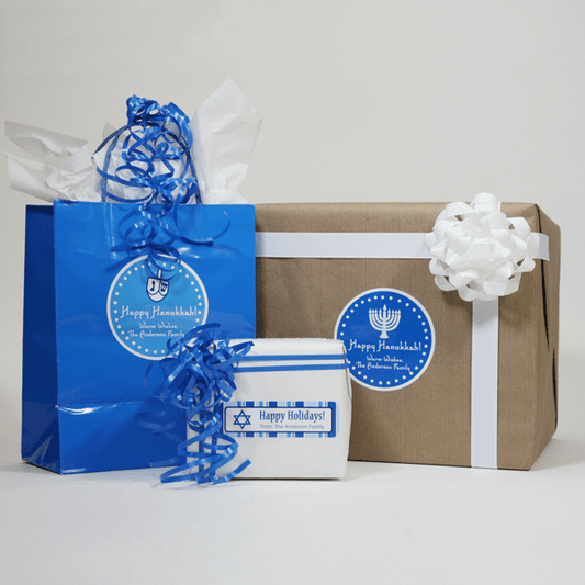 Large Hanukkah Combo Gift Labels Design Number One On Hanukkah Gift Bags and Boxes